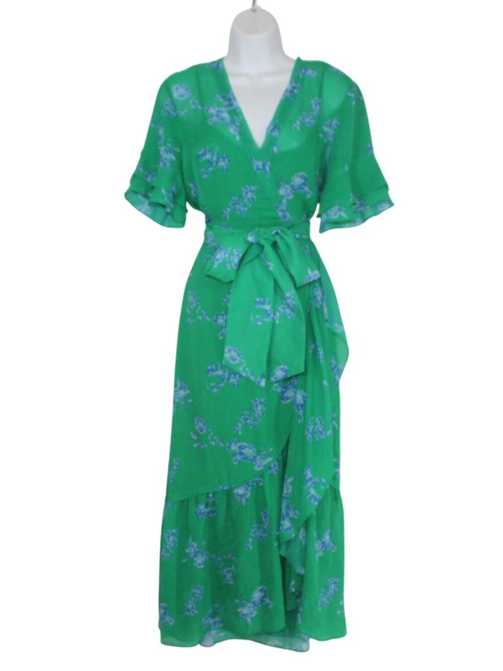 Tanya Taylor Blaire silk tie waist midi dress green floral ruffle flutter sleeve